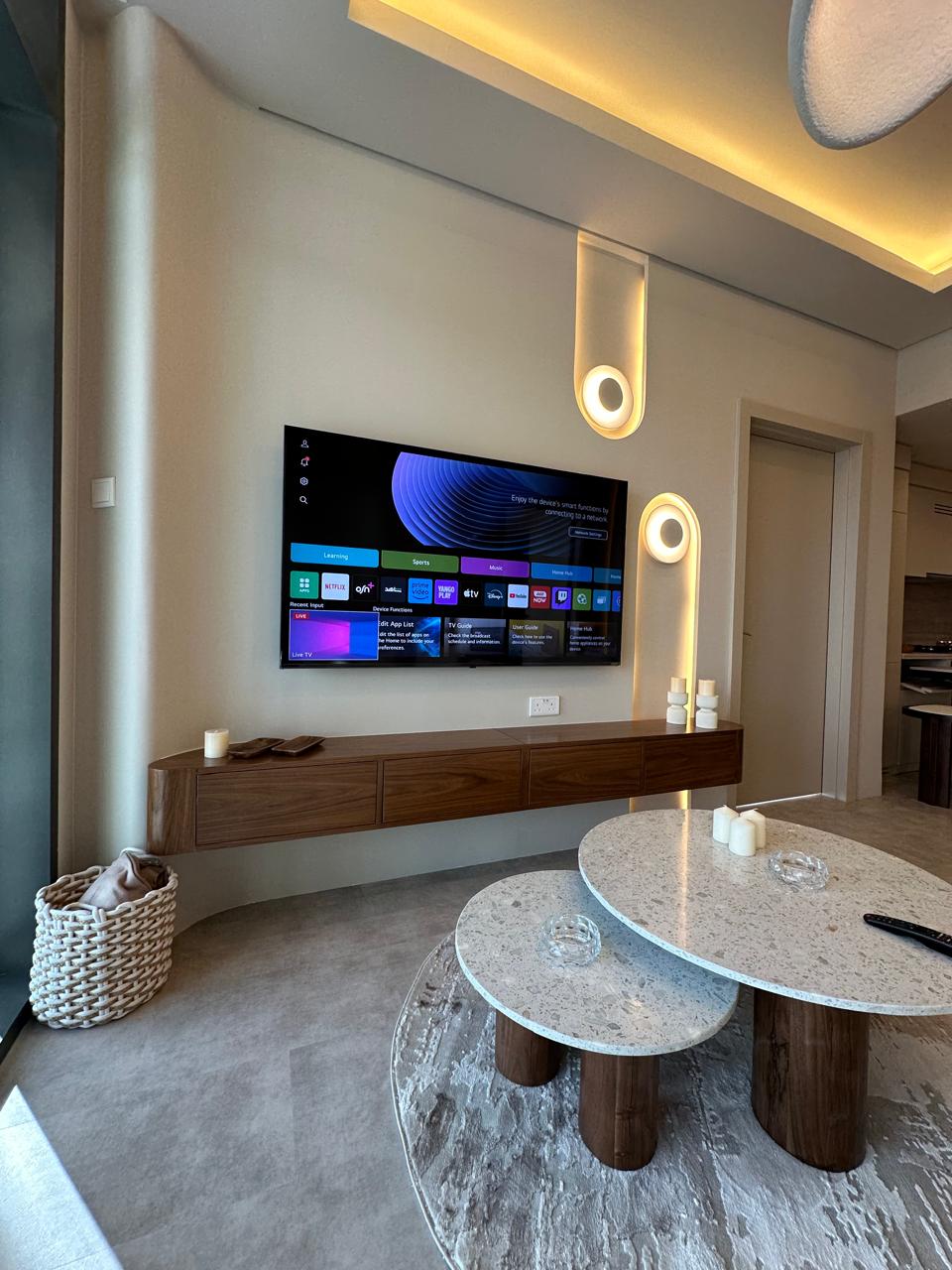 Walnut media wall & tables
